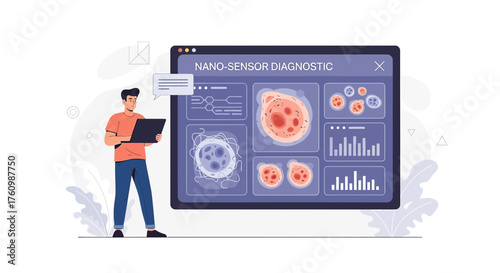 Illustration of a man using a laptop to analyze nano sensor diagnostic data for medical research