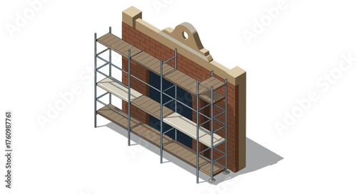 Isometric building facade with scaffolding under construction for restoration