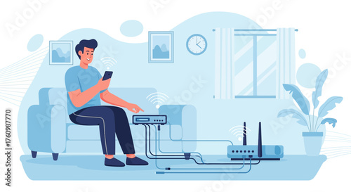 Illustration of a man using a smartphone while sitting on a sofa near network devices showing a