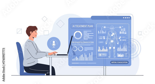 Illustration of a man using AI technology for health treatment planning and virtual consultation
