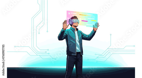 Illustration of a man using virtual reality headset interacting with digital interface