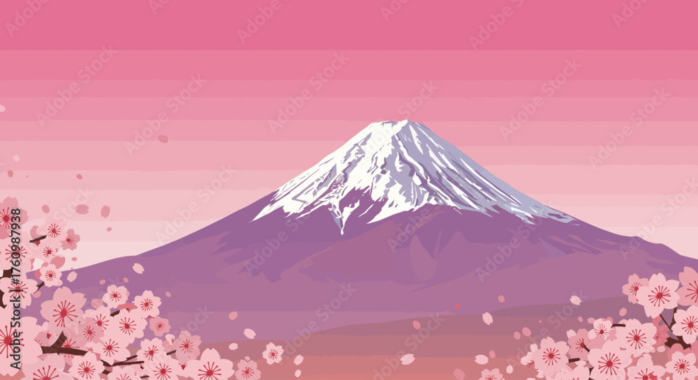 Fototapeta premium Beautiful illustration of Mount Fuji in Japan with blooming cherry blossoms in the foreground.