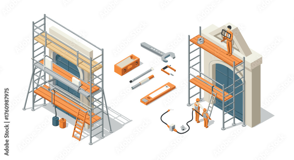 Obraz premium Isometric construction scene with scaffolding and tools