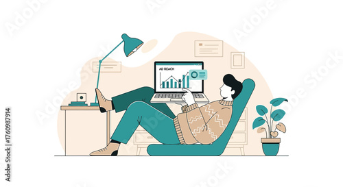 Illustration of a relaxed man analyzing data on a laptop in a comfortable setting home office