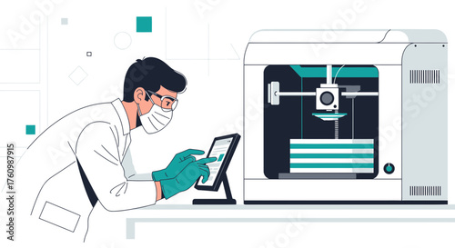 Illustration of a researcher using a 3D printer for scientific experiments in a lab