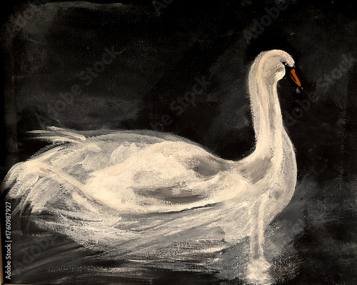 acrylic of white swan in a lake on canvas with black background (I am the only author of this artwork)