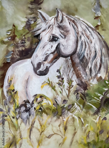 Acrylic work of Appaloosa horse  among flowers on canvas (I am the only author of this artwork)