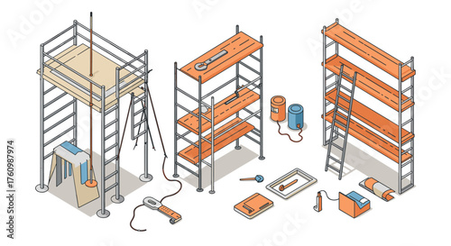 Isometric scaffolding and construction tools layout in flat design style