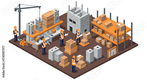 Isometric construction site with workers and stacked boxes in warehouse setting