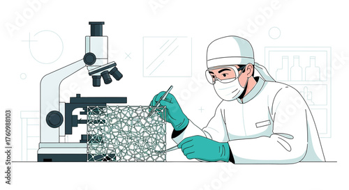 Illustration of a scientist in a lab working with a microscope and molecular structure