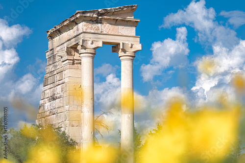 Sanctuary of Apollo Hylates showing columns on sunny day with yellow flowers and blue sky. Cyprus