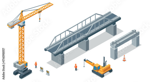 Isometric construction scene with crane and bridge elements