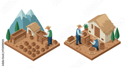 Isometric gardening scene with farmers planting and harvesting in rural setting
