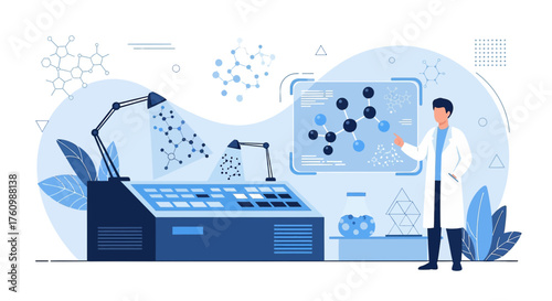 Illustration of a scientist in a laboratory with advanced equipment analyzing molecules and data