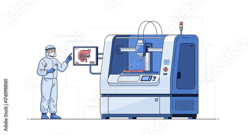 Illustration of a scientist operating a bioprinting machine for organ creation in a laboratory