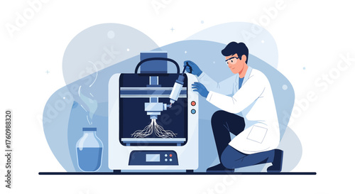 Illustration of a scientist using a 3D printer in a laboratory environment depicting technological