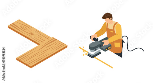 Carpenter using power tool and wooden floorboard design