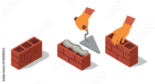 Isometric bricklaying process with trowel and red bricks on white background