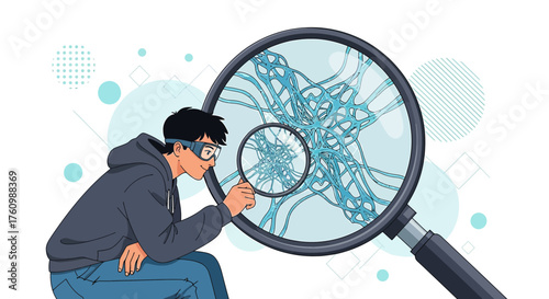 Illustration of a scientist using a magnifying glass to examine a complex network connection