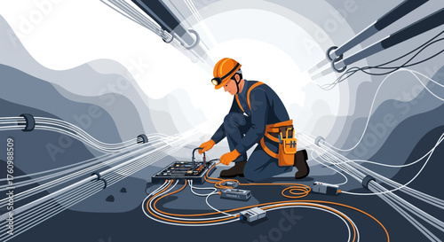 Illustration of a telecom technician working on fiber optic cables in a tunnel setting for