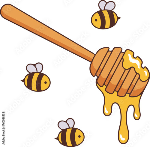 Honey dipper dripping sweet liquid with tiny buzzing bees, cute cartoon line art vector illustration