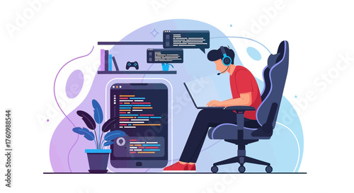 Illustration of a young man coding at home with a laptop and mobile phone setup