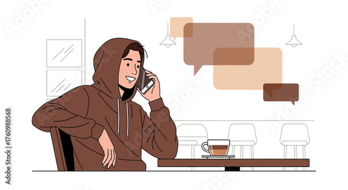 Illustration of a young man in a hoodie talking on the phone in a cafe setting