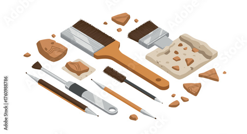 Archaeological tools for excavation and discovery: brushes, trowel, and rocks in isometric design