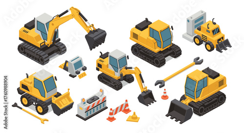 Isometric construction equipment set with bulldozers and excavators