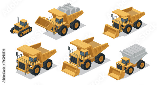 Heavy construction vehicles in isometric style with bulldozers and dump trucks