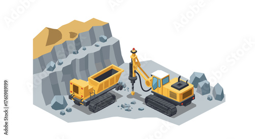 Construction machinery in quarry scene featuring excavator and dump truck
