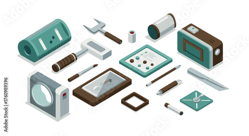 Retro isometric electronic devices and tools in modern minimalist design
