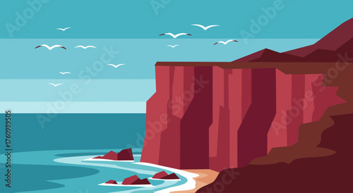 Dramatic Ocean Cliffs Overlooking Tranquil Beach with Seagulls Flying on a Sunny Day