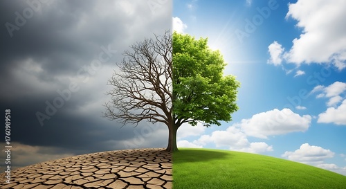 Vibrant tree standing strong amidst climate change, embodying resilience and hope for a sustainable future in a world facing environmental challenges