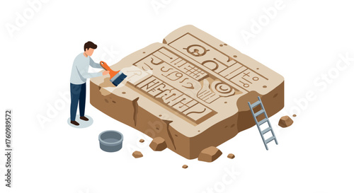 Archaeologist uncovering ancient digital tablet design in isometric style