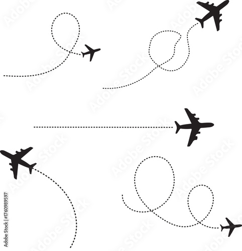 Set of five airplane flight paths with aircraft silhouettes representing travel and aviation