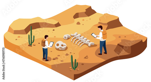 Archaeologists exploring dinosaur fossils in desert landscape