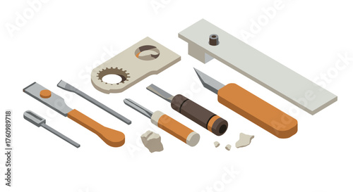 Isometric crafting tools set with carving and modeling equipment for creative projects