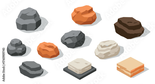Collection of geometric rock designs in isometric style for creative projects
