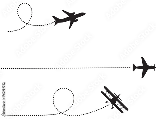 Three airplanes are performing aerial maneuvers, leaving dotted trails in a clean white space