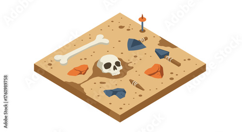 Ancient artifacts and fossils in isometric archaeological dig site
