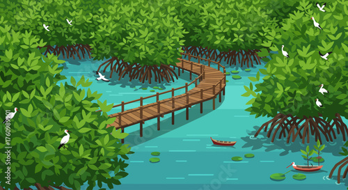 Wooden Boardwalk Winding Through Lush Mangrove Forest with Small Boats and White Birds, Tropical Wetland Scene