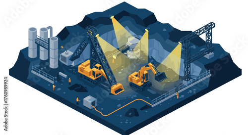 Isometric underground mining scene with excavators and industrial equipment