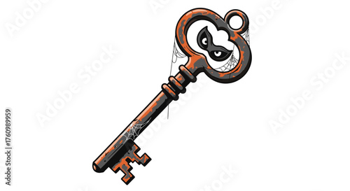 Antique Key with Mask Design - A Symbol of Mystery and Secrets.