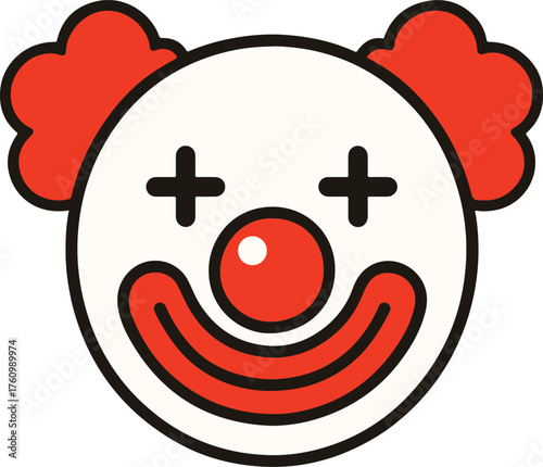 Creepy vintage clown face with crossed eyes, simple retro graphic icon vector illustration