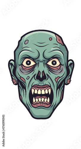 Cartoon Zombie Head with Rotting Flesh and Sharp Teeth.