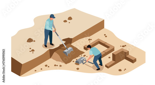 Isometric archaeologists at work unearthing ancient ruins on excavation site