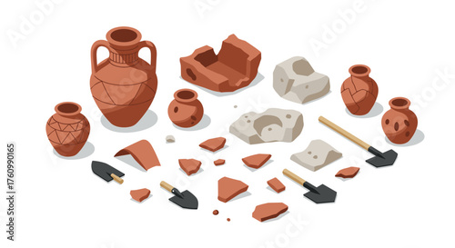 Ancient pottery and archaeology tools collection in isometric style