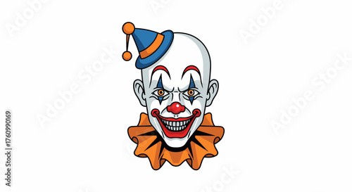 Creepy Clown Face with Hat and Orange Collar Illustration.