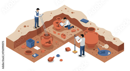 Archaeologists exploring ancient artifacts in isometric dig site design